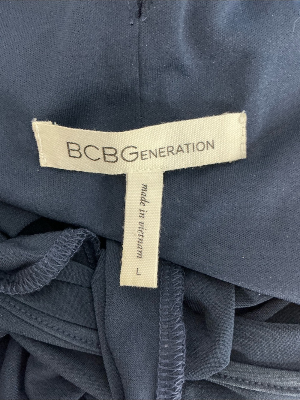 BCBGeneration Faux-Wrap Midi Dress Navy Cocktail Wedding Guest Size L - Picture 7 of 8